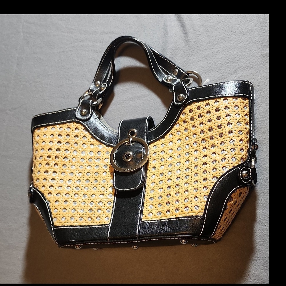 Rafe Wicker & Leather Satchel Buckle Accent Black Handles Pink Gingham Lining
